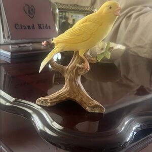 Yellow Porcelain Bird Figurine on Branch - Decorative Bird Statue